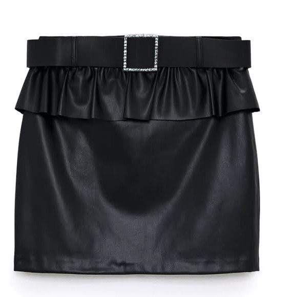 Zara Black Faux Leather Peplum Ruffle Mini Skirt Jewel Buckle Belt Size Small - Picture 1 of 13